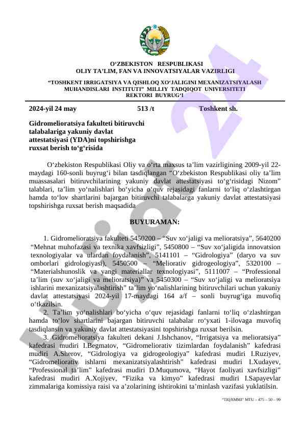 Gidromelioratsiya fakulteti bitiruvchilari yda talablari