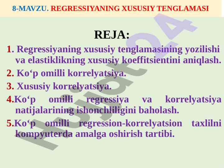 Regressiyaning xususiy tenglamasi va korrelyatsiya