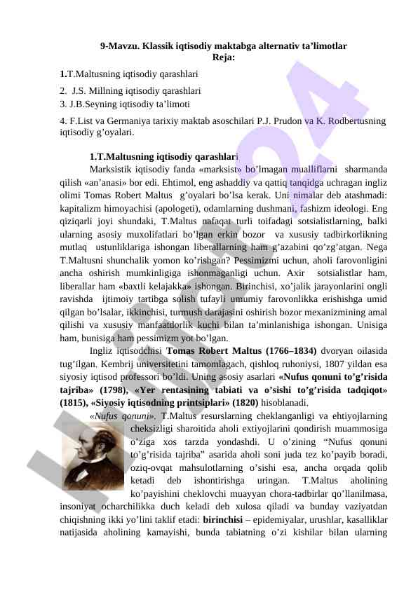 Klassik iqtisodiy maktabga alternativ ta’limotlar
