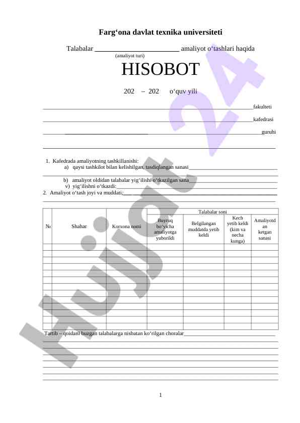 Amaliyot o‘tashi hisoboti 2023 o‘quv yili