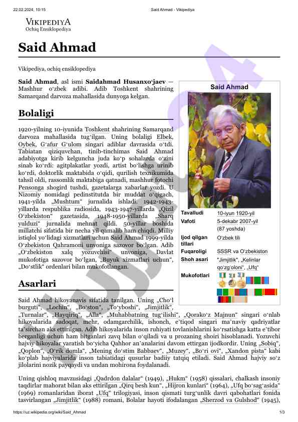 Said ahmad - o'zbek adabiyotining cho'qini