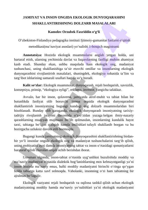 Ekologik dunyoqarashni shakllantirish masalalari