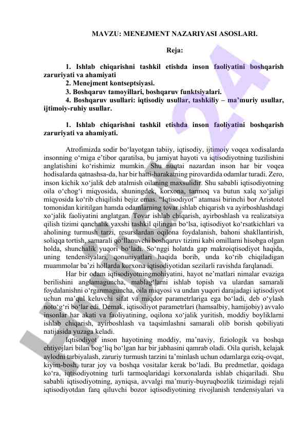 Menejment nazariyasi asoslari va xususiyatlari