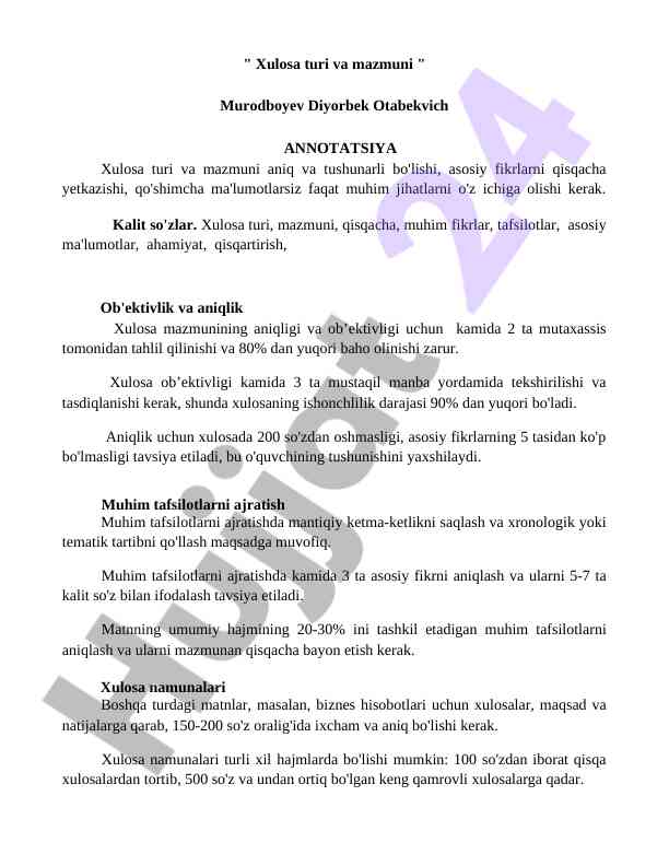 Xulosa turi va mazmuni: asosiy fikrlar va tafsilotlar