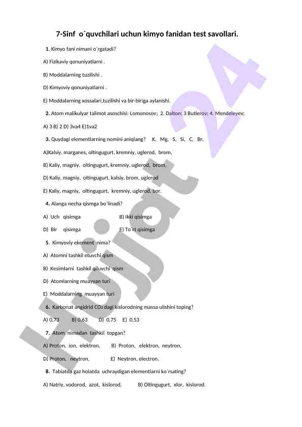 7-sinf kimyo fanidan test savollari
