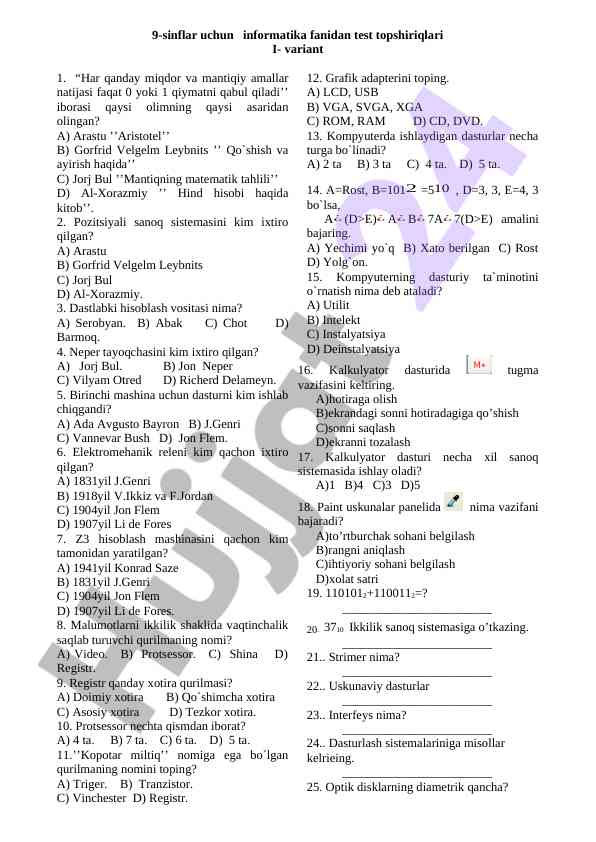 Informatika fanidan 9-sinflar uchun test topsiriqlari