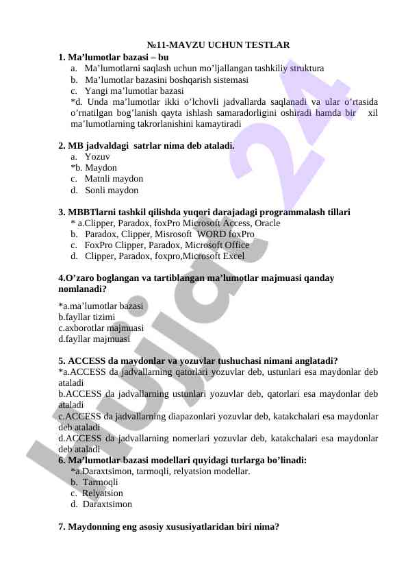 Mavzu uchun testlar boshqarish tizimlari