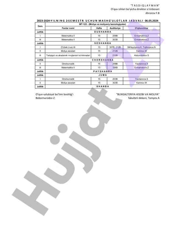 O'quv ishlari bo'yicha dars jadvali 2023-2024