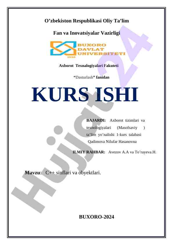 C++ sinflari va obyektlari asosida kurs ishlari