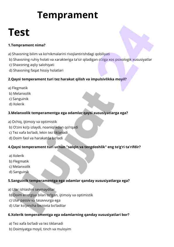 Temprament test: identify personality types