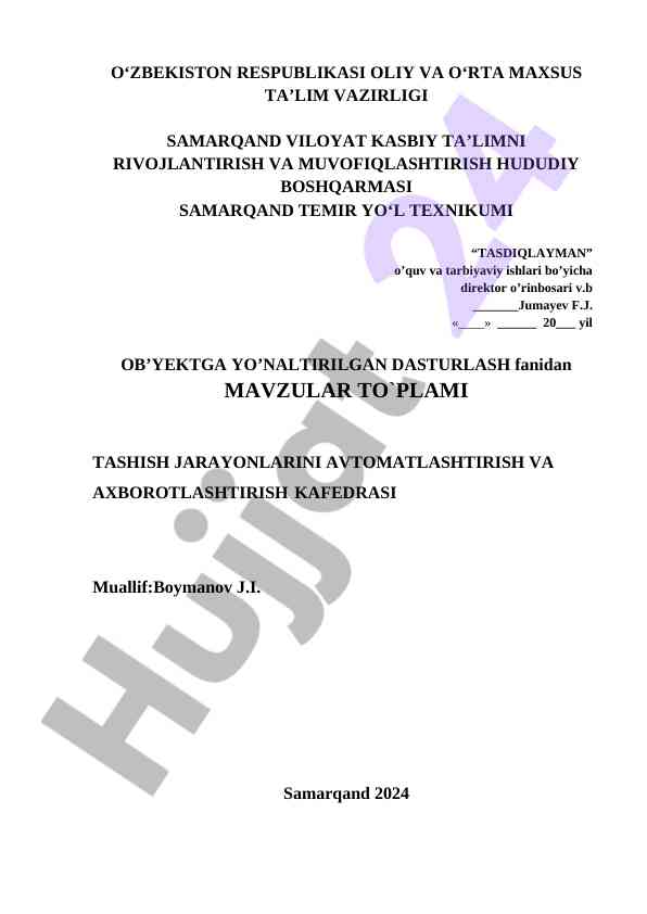 Ob'ektga yo'naltirilgan dasturlash fanidan mavzular
