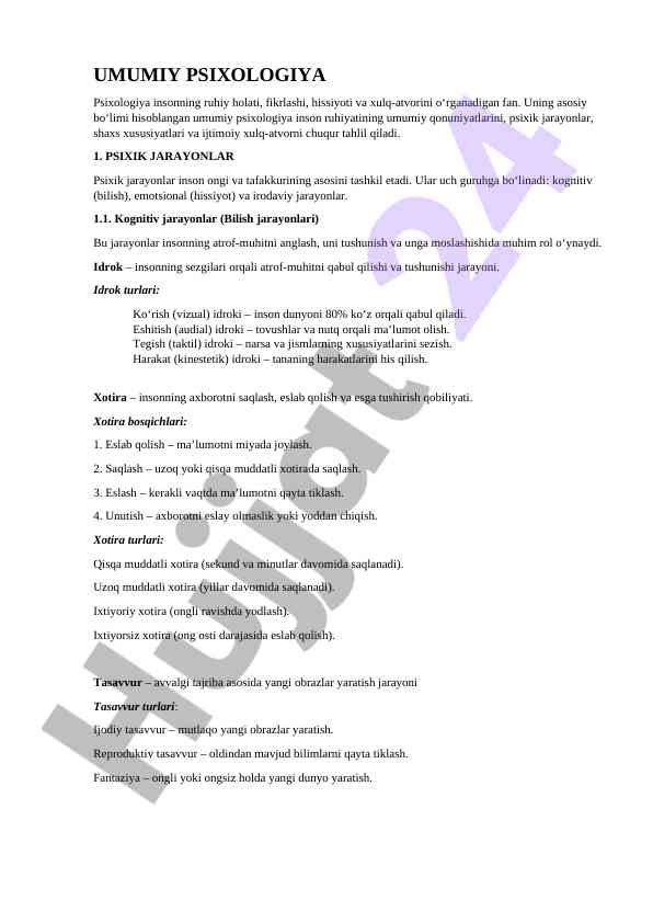 Umumiy psixologiya: psixik jarayonlar tahlili