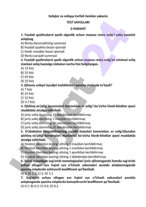Soliqlar va soliqqa tortish fanidan yakuniy test savollari