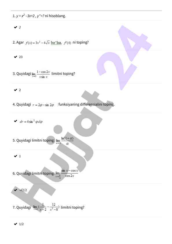 Matematika funktsiyalari bo'yicha test