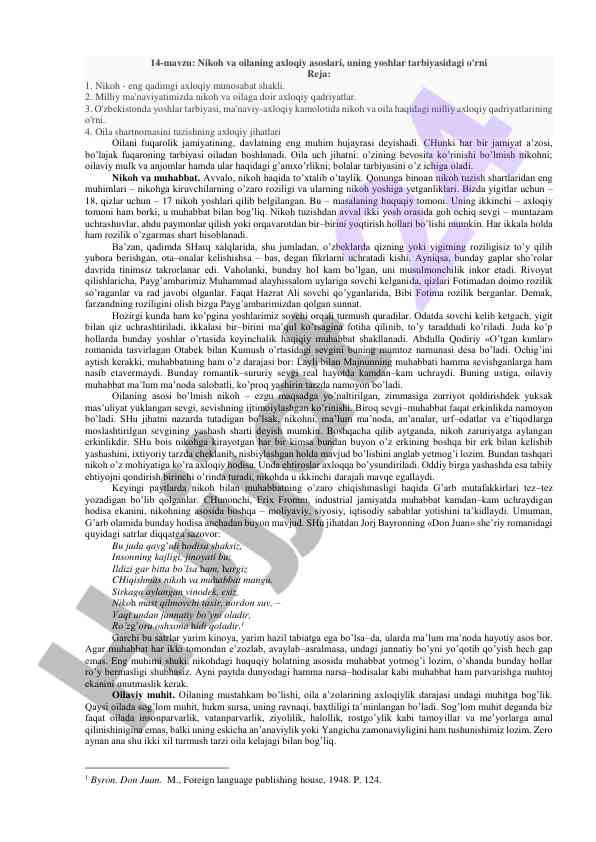 Nikoh va oilaning axloqiy asoslari