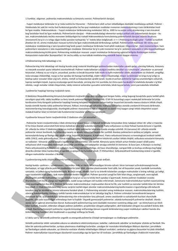 Polimerlar va makromolekulalar tushunchalari