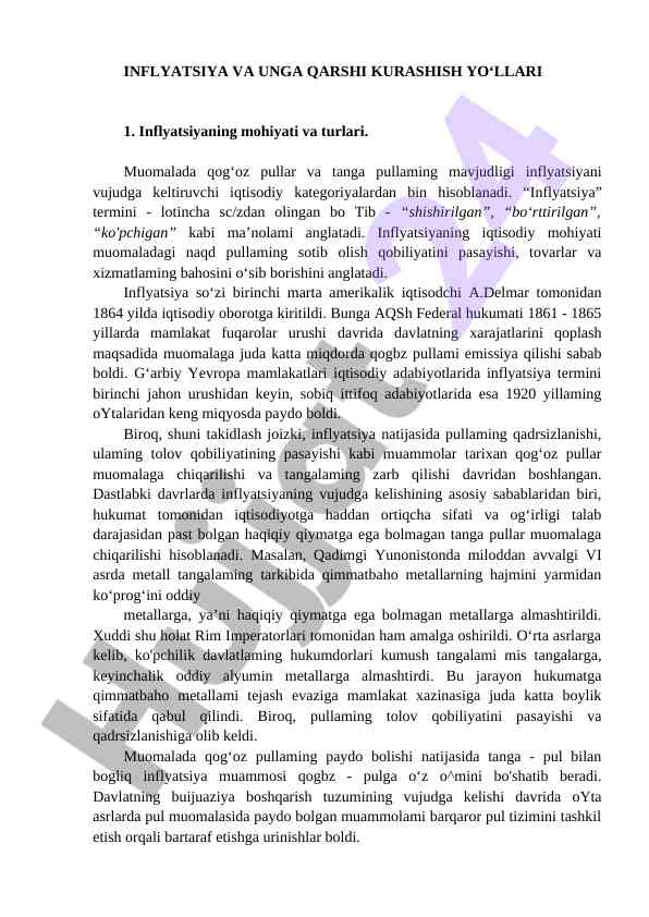 Inflyatsiya va uniga qarshi kurashish yo'llari