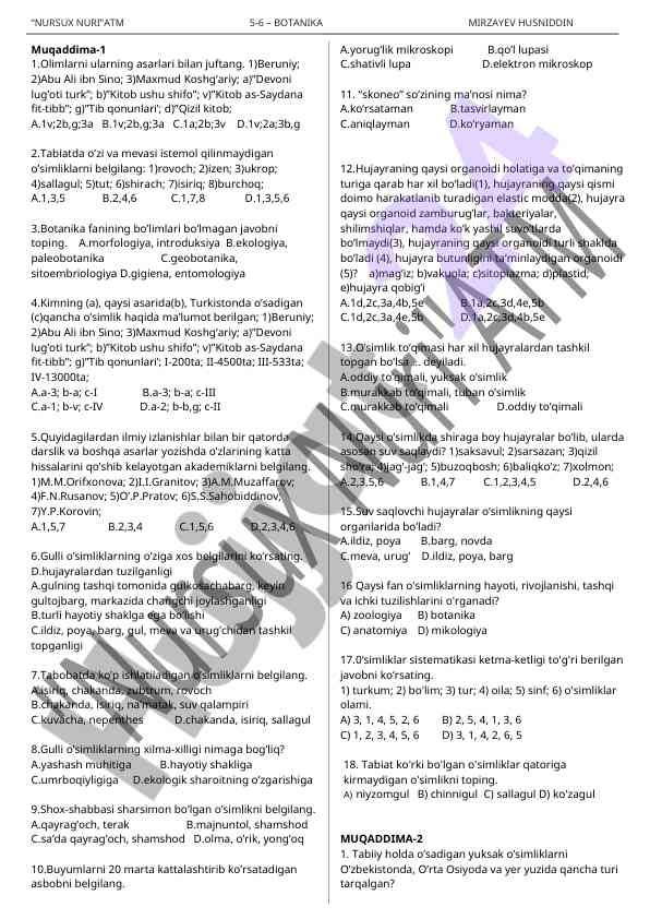 Olimlar asarlari va tabiatdagi o'simliklar