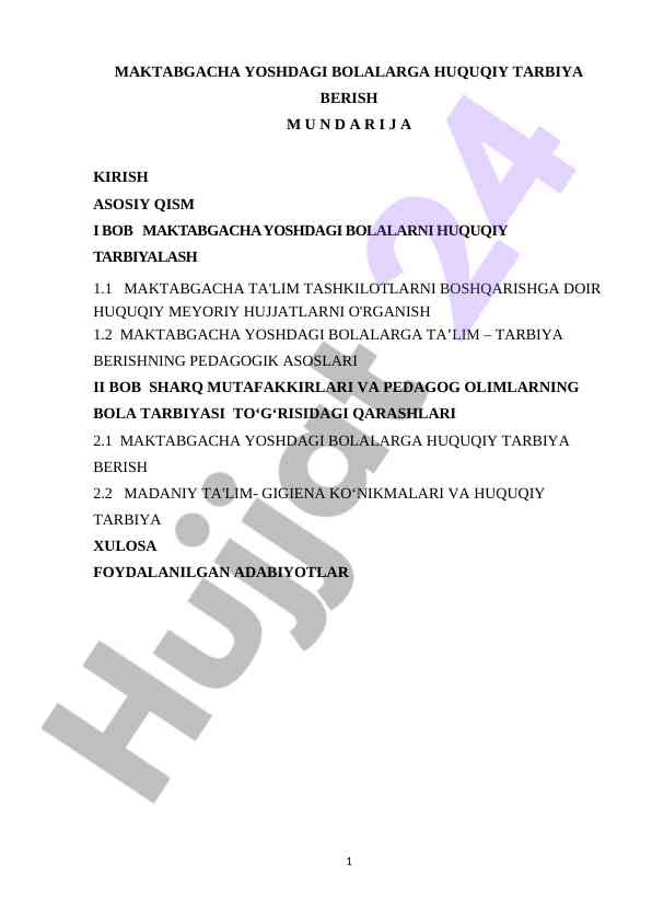 Maktabgacha yoshtdagi bolalarga huquqiy tarbiya berish
