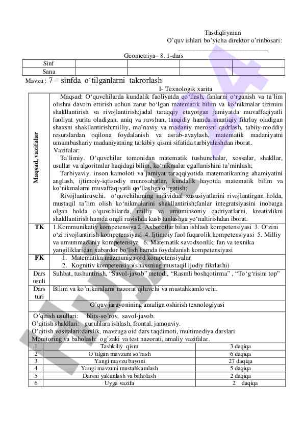 Geometriya darsida o‘tilganlarni takrorlash rejasi