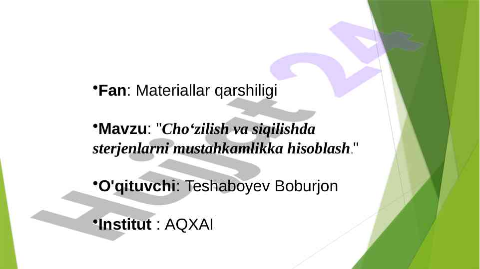 Cho‘zilish va siqilishda sterjenlarni mustahkamlikka hisoblash
