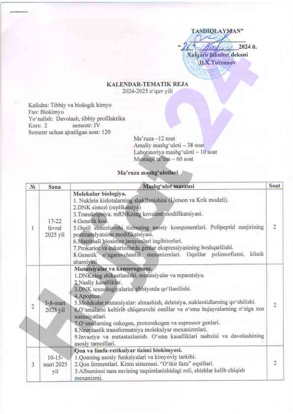 Kalendar-tematik reja 2024-2025 o'quv yili
