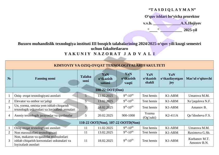Talabalar uchun yakuniy nazorat jadvali 2024 2025