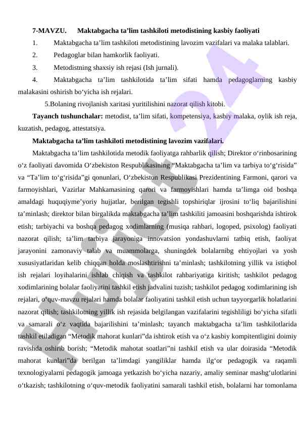 Maktabgacha ta’lim tashkiloti metodistining faqolati