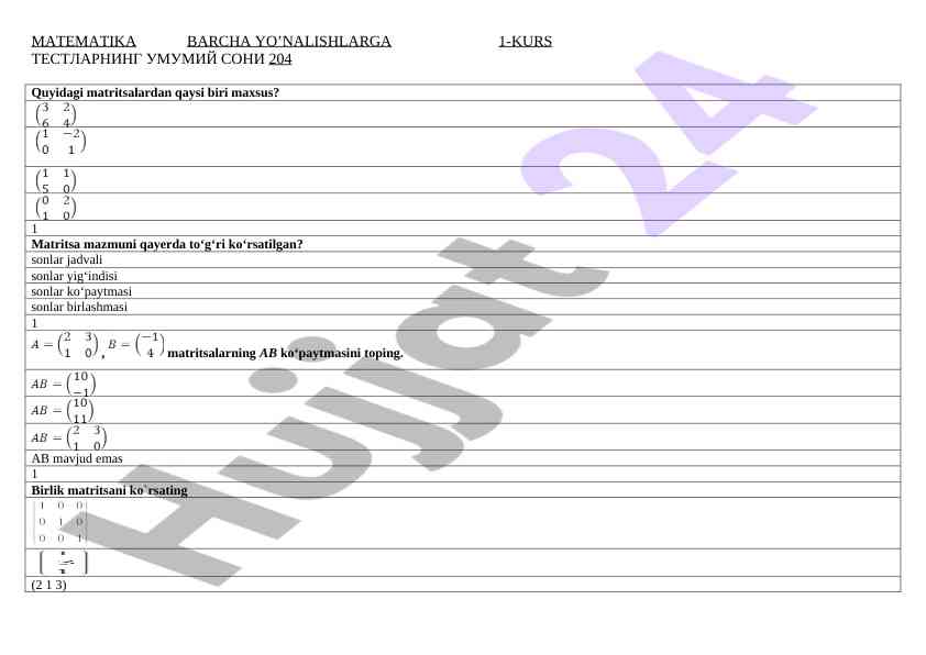 Matematika barcha yo'nalishlarga 1-kurs testlar