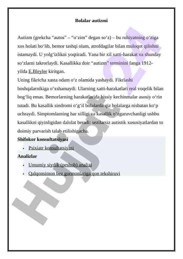 Bolalar autizmi va uning belgilari tahlili