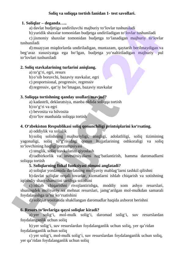 Soliq va soliqqa tortish fanidan test savollari