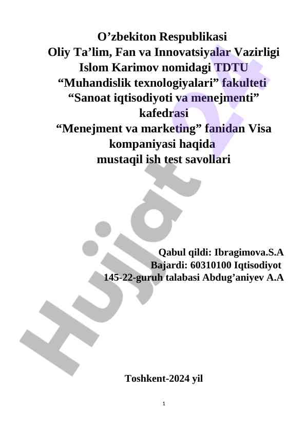 Visa kompaniyasi haqida mustaqil ish test savollari