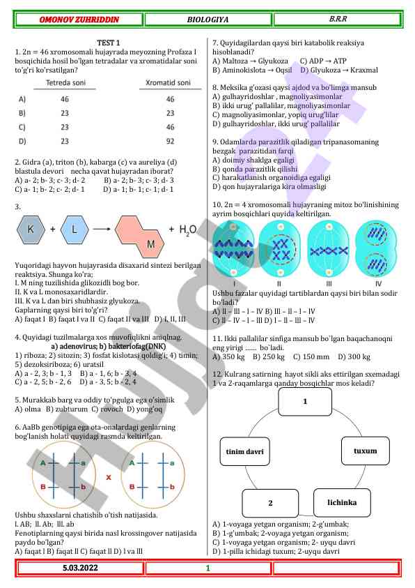 Biologiya test 1 savollar va javoblar