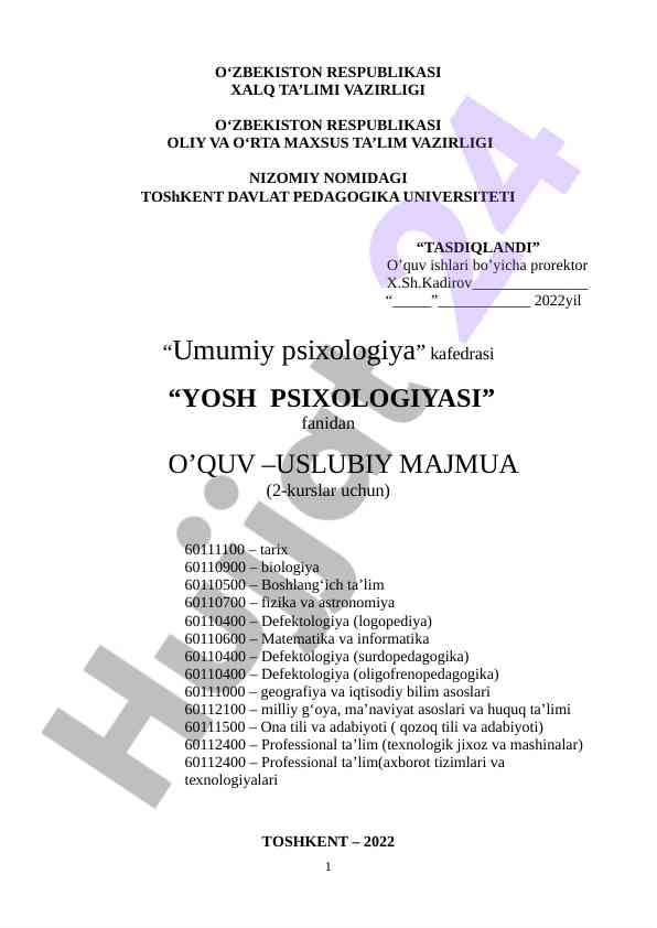 Yosh psixologiyasi fani o'quv uslubiy majmua