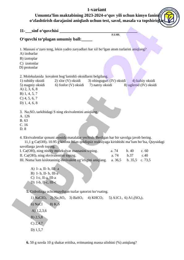 Kimyo fani test savollari va masalalari