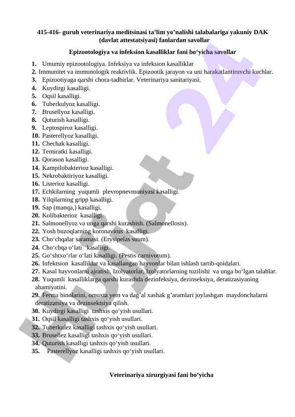 Veterinariya meditsinasi yakuniy savollar tajribasi
