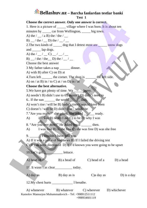 Test 1 correct answer selection exercise