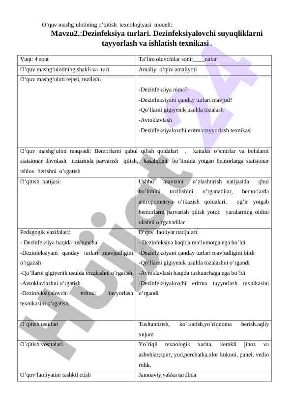 Dezinfeksiya turlari o’qitish texnologiyalari