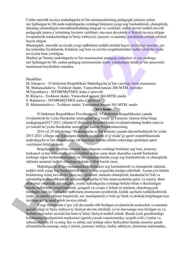Yozgi sogʼlomlashtirish metodik tavsiyalari