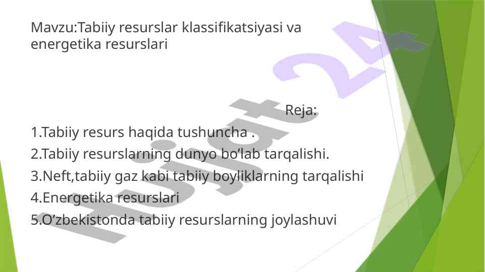 Tabiiy resurslar klassifikatsiyasi va energetika resurslari