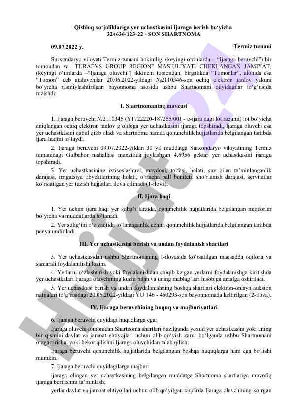 Yer uchastkasini ijaraga berish shartnomasi 2022