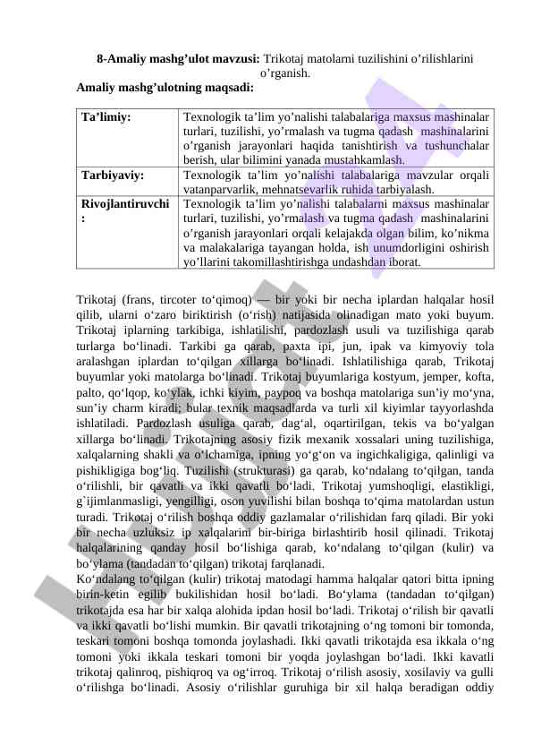 Trikotaj matolarni o’rilishlarini o’rgatishga oqituvchi qo’llanma