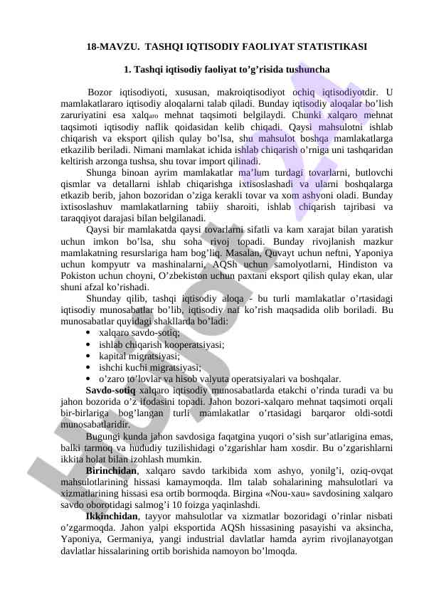 Tashqi iqtisodiy faoliyat statistikasi haqida ma'lumotlar
