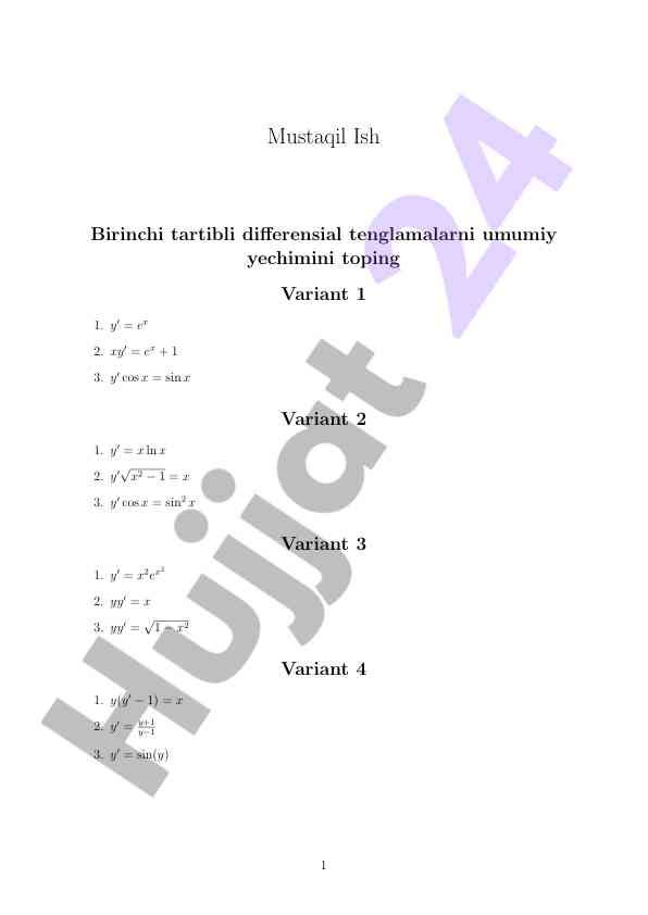 Birinchi tartibli differensial tenglamalarni yechimi
