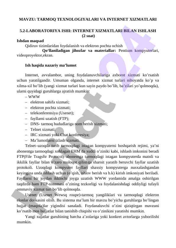 Internet xizmatlari bilan ishlash laboratoriya ishi
