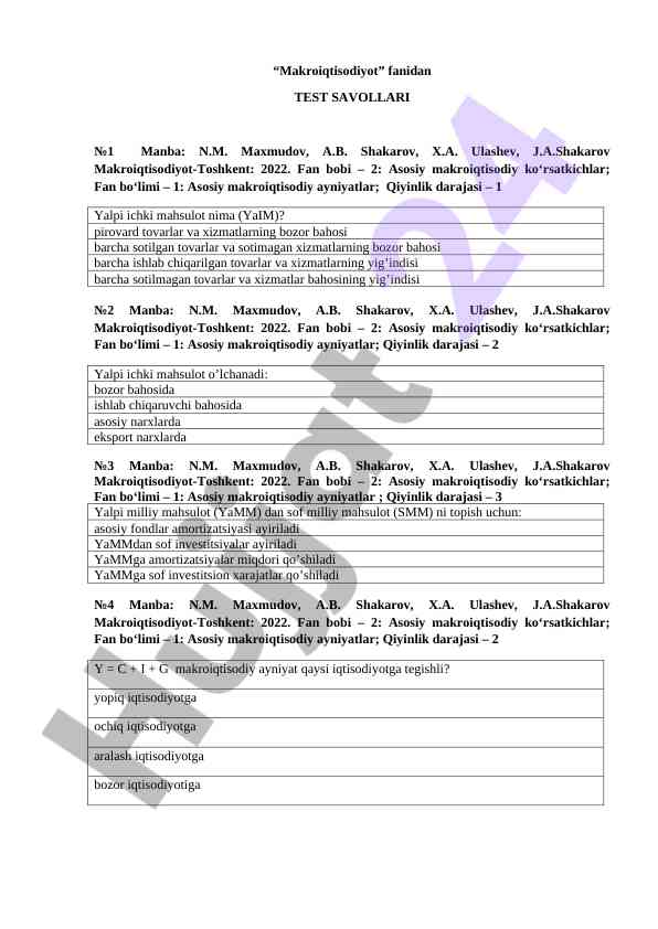 Makroiqtisodiyot fanidan test savollari