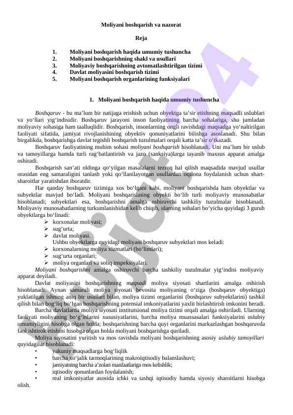 Moliyani boshqarish va nazoratning asosiy tamoyillari