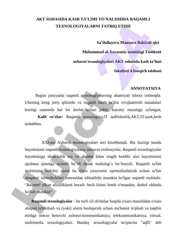 Raqamli texnologiyalarni ta'limda tatbiqi