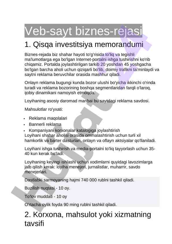 Veb-sayt biznes-rejasi va investitsiya memorandumi