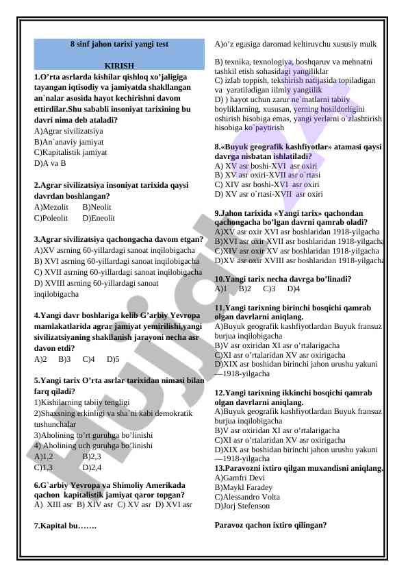 Jahon tarixi 8 sinf yangi test materi